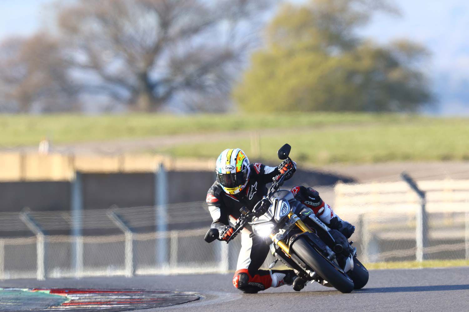 The wheelie control, or front wheel lift control as Triumph describes it, is linked to the traction control modes. ABS is lean sensitive, with two modes: Road or Track.