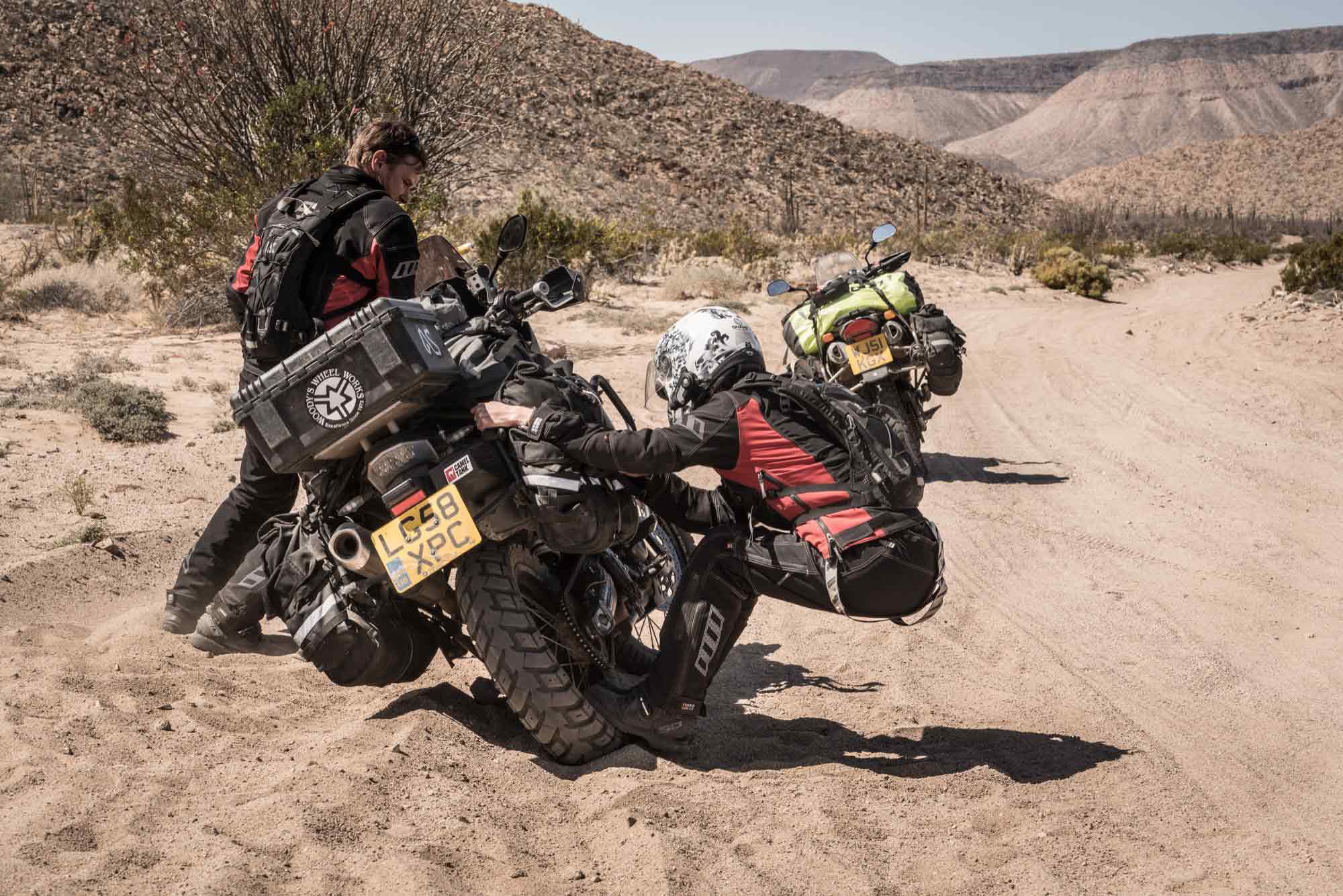 Biting off more than I could chew in the soft stuff led to repeatedly performing the “monkey lift” to get our bikes back on track. In truth, parts of the trip like this leg were punishing for me; I sometimes lacked the confidence to execute Jason’s sage advice—a gnawing bone of contention for him—and it led to many discomforts, but never once did I worry about us. Our relationship has gone the distance and is here to stay. (Baja Peninsula, Mexico)