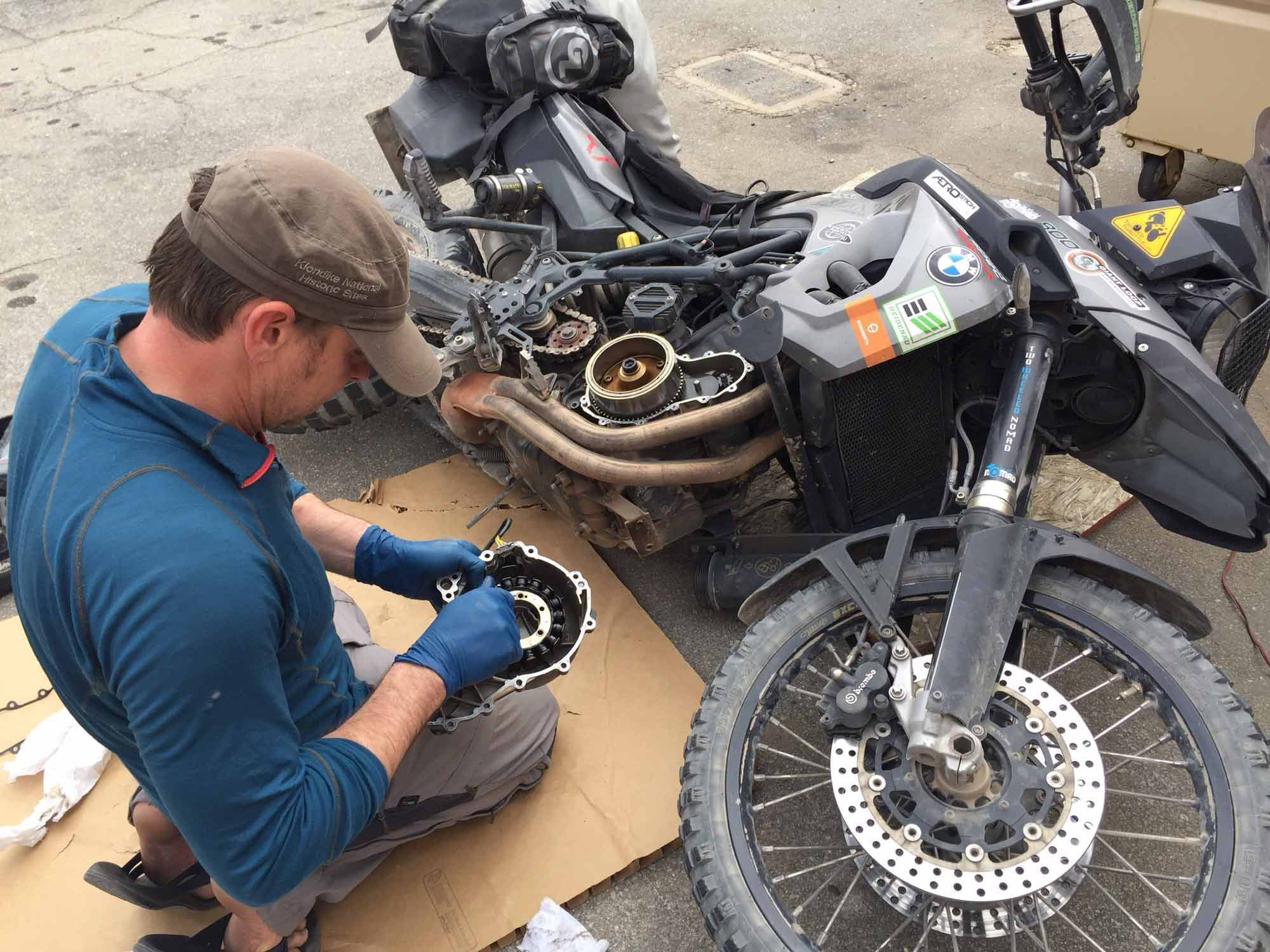 The power of three was not lost on Jason while installing stator number three at the back of Napa to attempt Death Valley yet again. Third time lucky, as they say. (Lone Pine, California)