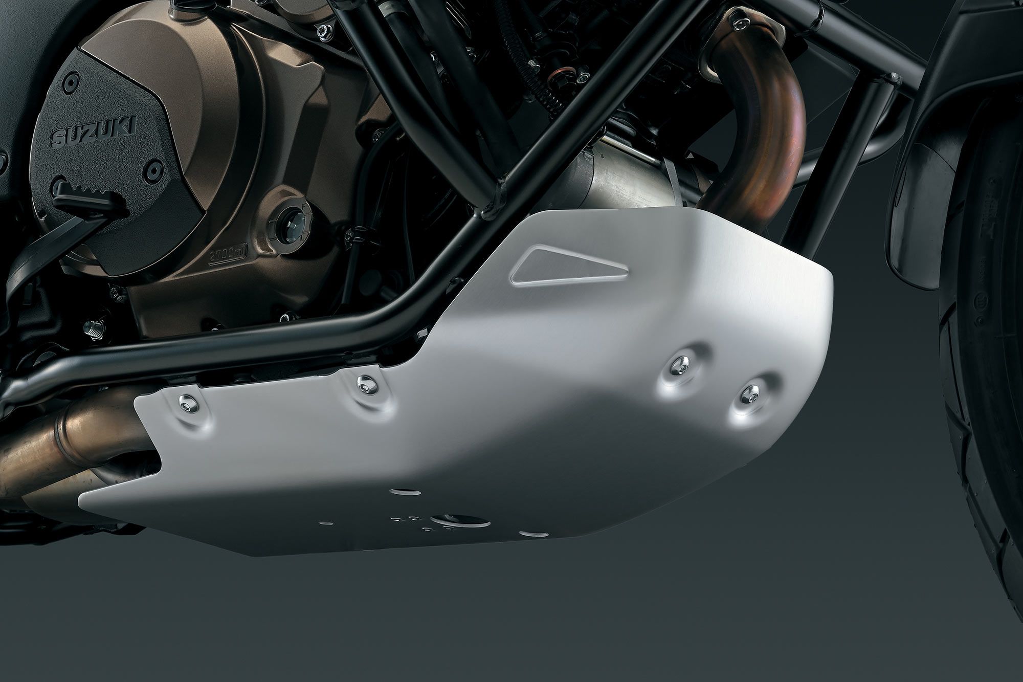 Aluminum skid plate comes standard on the DE and DE Adventure.