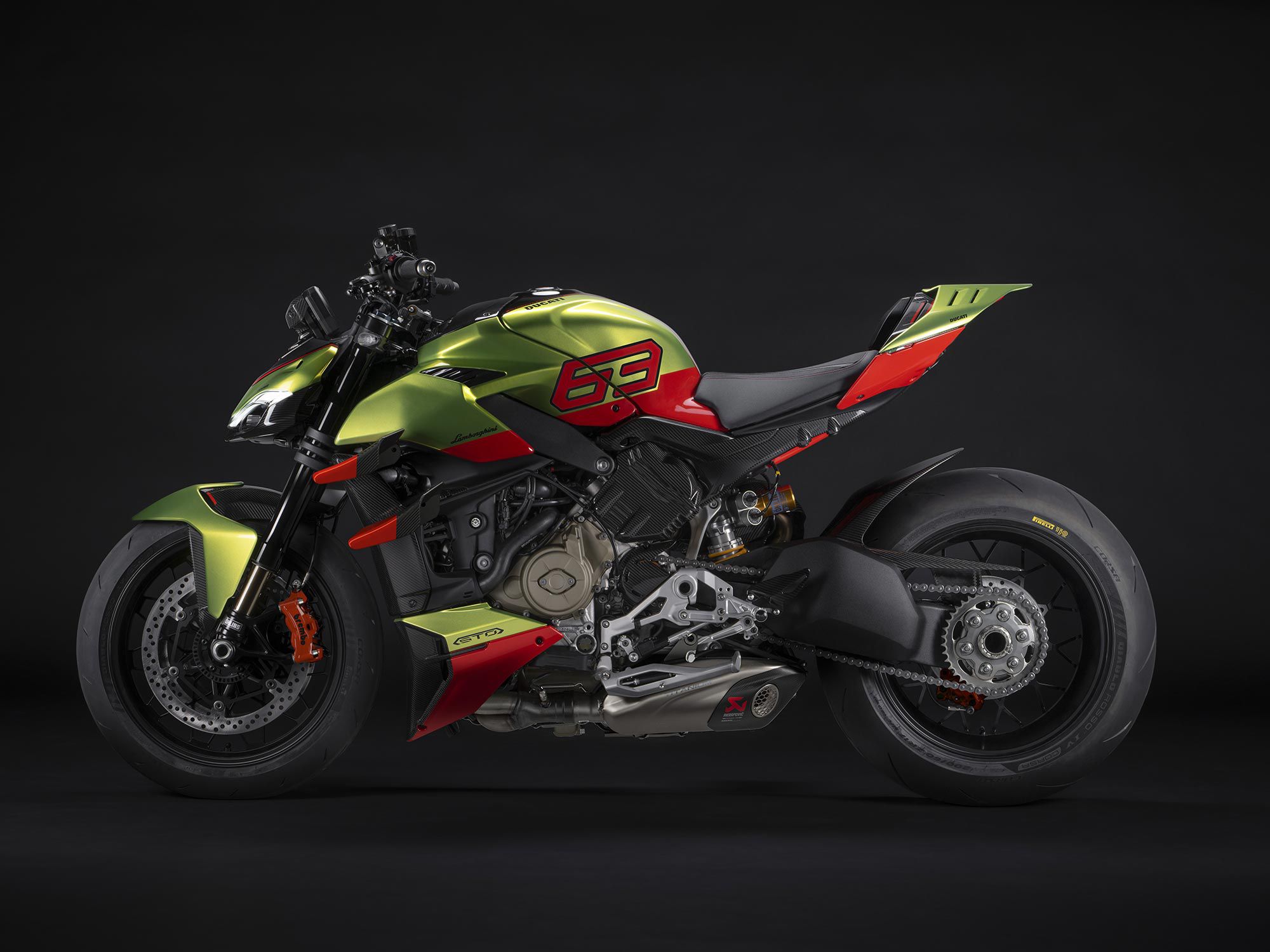 The Ducati Streetfighter V4 Lamborghini, clad in Arancio Dac orange and Verde Citrea green.