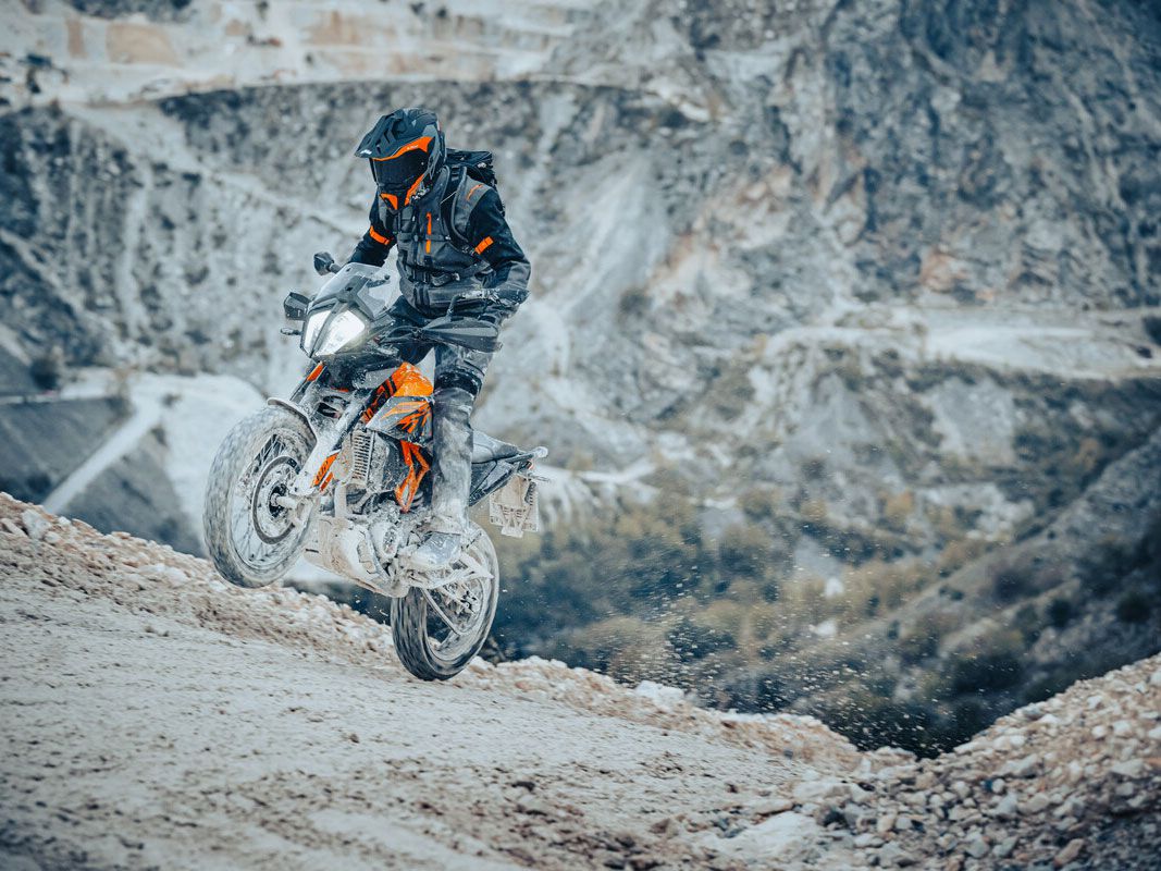 The 2023 KTM 390 Adventure has one key revision that enhances its off-road capability: spoked wheels.