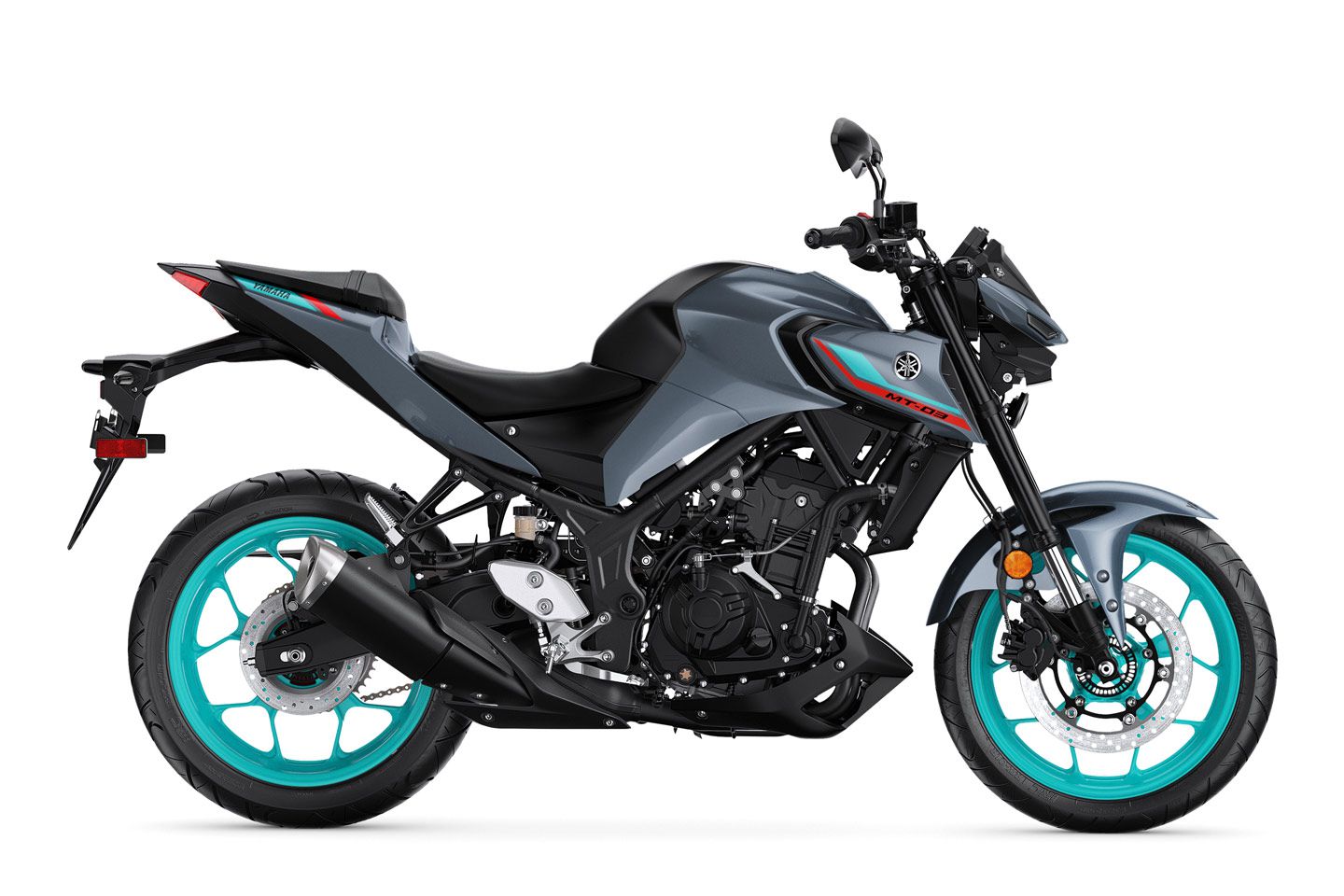 The 2023 Yamaha MT-03 in Cyan Storm.